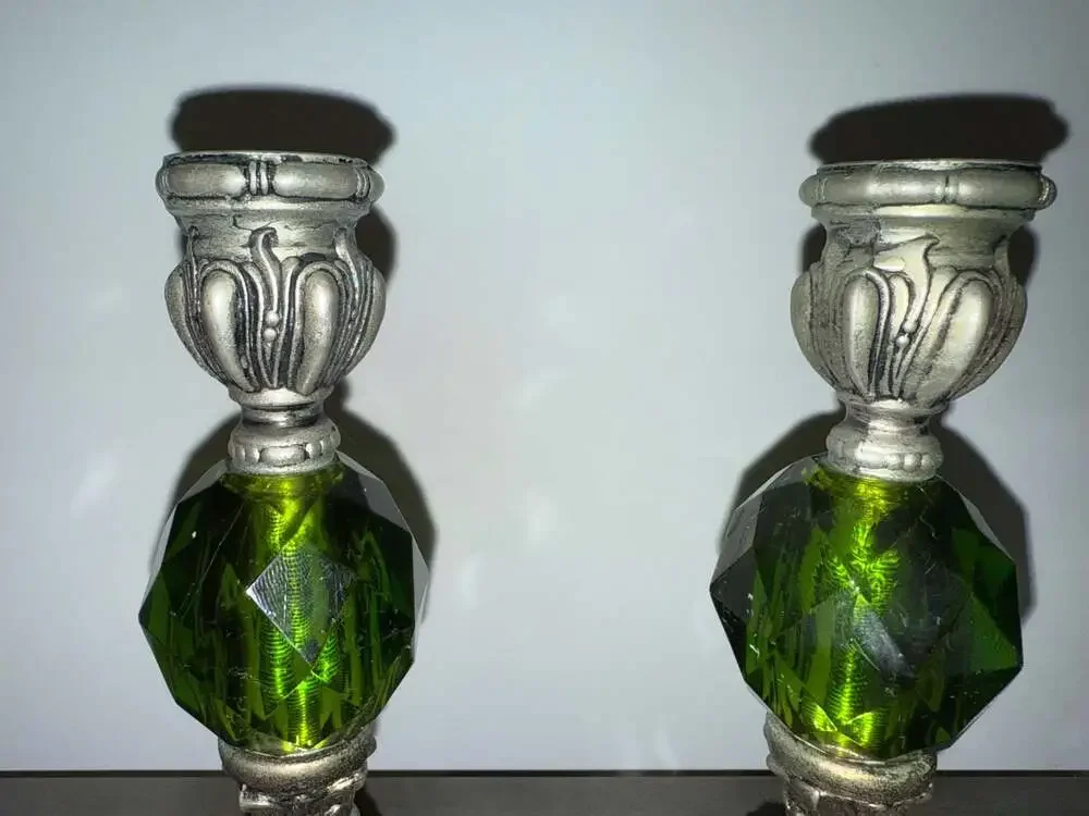 Vintage Hollywood Regency Metal Candlestick Holders with Green Lucite Orbs - Set